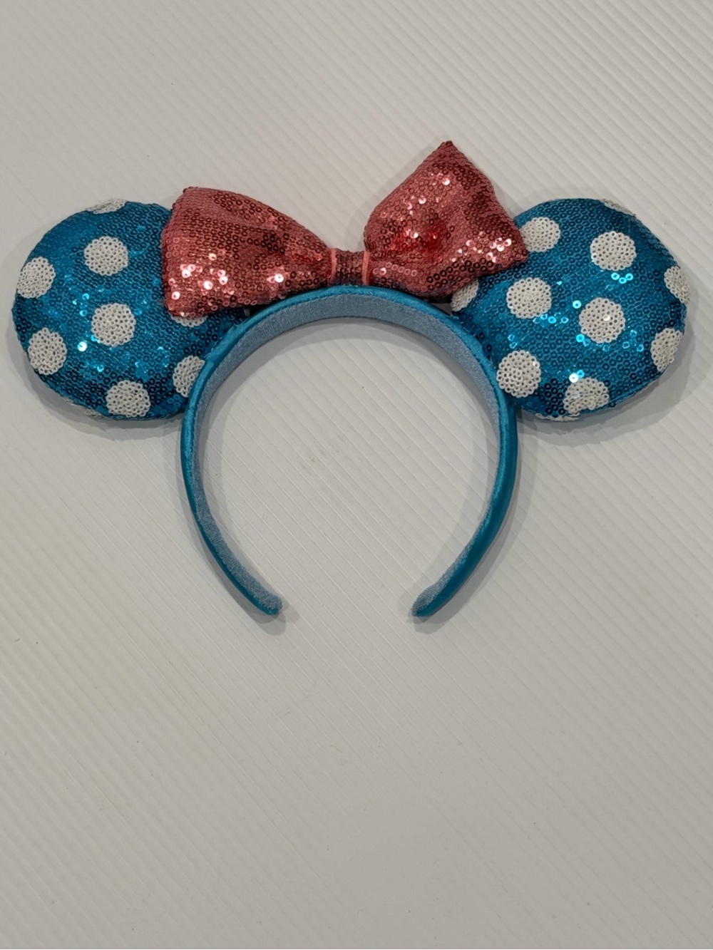 Disney Parks Minnie Mouse Classic Timeless Blue Polka Dot Sequin Ears Headband.